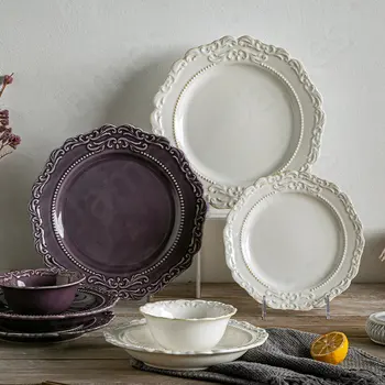 Фиолетовая керамическая тарелка Простые однотонные обеденные тарелки Винтажная посуда в европейском стиле Блюда для стейков, пасты, Десертные суповые тарелки  5