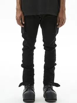 Винтажные черные джинсы-стрейч, сшитые после стирки, мужские повседневные темные брюки на молнии  5