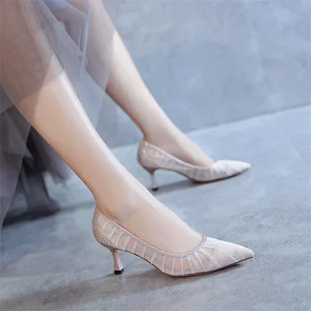 женские туфли-лодочки, сетчатые слипоны на тонком каблуке 2 см 6 см, женские туфли на высоком каблуке с острым носком, женская обувь 2023, размер 35-42  10