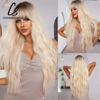 CharmSource Длинные платиновые синтетические волнистые парики с челкой Omber, черный натуральный кудрявый парик для косплея, термостойкие волосы для женщин  10