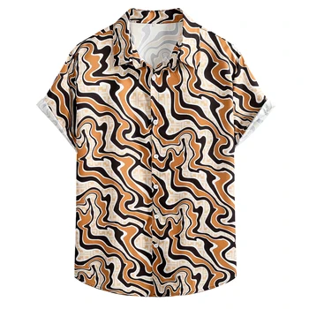 Гавайская рубашка в полоску с забавным принтом, Мужская Летняя Новинка 2023, Пляжные рубашки на пуговицах с коротким рукавом, Праздничная Одежда для вечеринок Aloha Rock  5