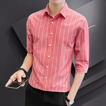 Весенняя мужская рубашка в полоску больших размеров на пуговицах с коротким рукавом, укороченная Деловая офисная одежда, розовая рубашка, повседневный приталенный топ для мальчиков 4xl  5