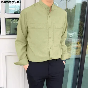 Мужская рубашка INCERUN, однотонный воротник-стойка, уличная одежда с длинным рукавом, мужская одежда, Весна 2024, Корейские рубашки с карманами на пуговицах  5