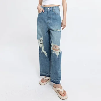 Женские джинсы 2023, новые рваные широкие джинсовые брюки Nostalgia синего цвета  5