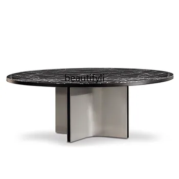 Изготовленная на заказ вилла с мраморной столешницей в гонконгском стиле, Легкий роскошный обеденный стол из высококачественной нержавеющей стали, Большой круглый стол для дома  3