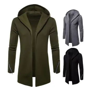 Мужское пальто С капюшоном, повседневное осенне-зимнее пальто с длинным рукавом, однотонное, на молнии, с манжетами, теплый кардиган с открытой строчкой, куртка, верхняя одежда  3