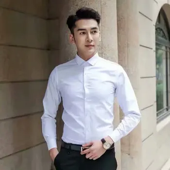 Весенне-осенняя белая рубашка с длинным рукавом, мужская корейская версия, приталенная рубашка, деловая официальная рабочая одежда, свадебное платье  5