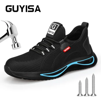 Защитная обувь GUYISA для работы, Большие ботинки со стальным носком, Дышащий спортивный стиль, Удобные черные размеры 35-50  5