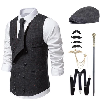 Мужской деловой пиджак, жилет в тонкую полоску для отдыха, официальный костюм без рукавов для джентльменов, свадебная вечеринка, выпускной бал, наряд в стиле ретро 1920-х годов  10