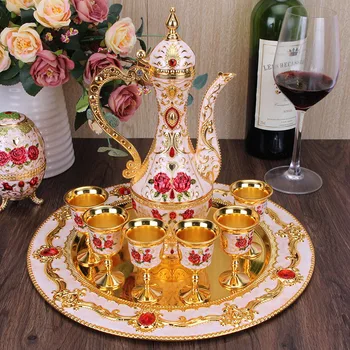 Новое поступление, Элегантный золотисто-белый винный набор, придворный винный кувшин, чашки, набор тарелок, изысканный декор для домашнего бара  5