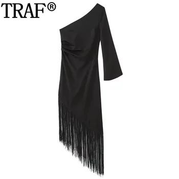 TRAF 2023 Асимметричные черные длинные платья для женщин с рюшами и кисточками, платье с открытыми плечами, женские летние вечерние платья Миди с длинным рукавом  5