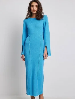 Осеннее модное однотонное трикотажное платье 2023, женские элегантные платья из эластичного трикотажа с разрезными рукавами, женская шикарная уличная одежда Vestido  5