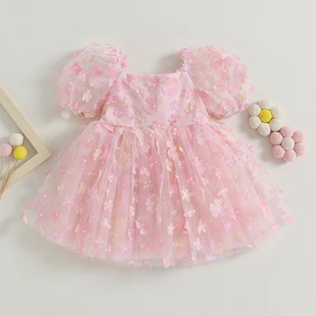 Детское платье для девочек с короткими пышными рукавами и цветочным декором сзади, Сетчатое кружевное платье-пачка с бантом  10