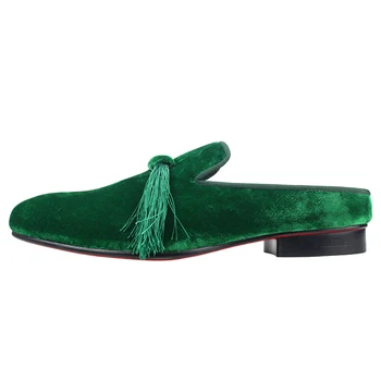 Модные бархатные тапочки, повседневная обувь из натуральной кожи, уличная обувь, классические зеленые мужские тапочки  5