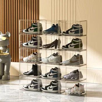 10 Упаковок Легкой Роскошной Акриловой Прозрачной Коробки для обуви В гостиной, Обувного шкафа, Стеллажа для выставки товаров, Открывающегося сбоку, Магнитной коробки для хранения обуви  10