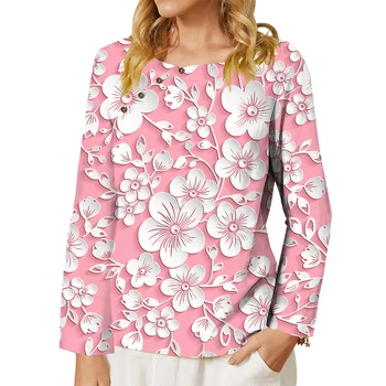 CLOOCL Новая Элегантная женская рубашка Розового цвета с изображением цветов персика и 3D-принтом, украшенная пуговицами, Футболка с длинным рукавом, Свободная блузка, Женские топы  10
