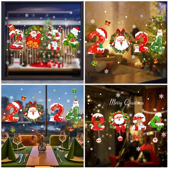 1 комплект Наклеек на окна Happy Christmas 2024 Happy New Year Рождественская вечеринка Мультяшные наклейки на стены DIY Аксессуары для украшения дома  5