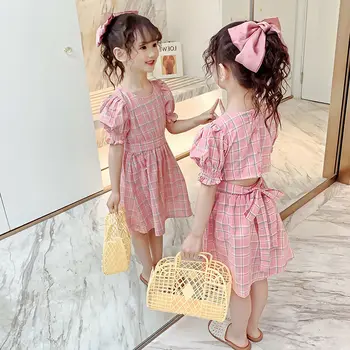 Платье Лето 2023 для маленьких девочек, праздничное платье принцессы в Корейскую клетку с короткими рукавами, авангардный дизайн, одежда для маленьких девочек  10