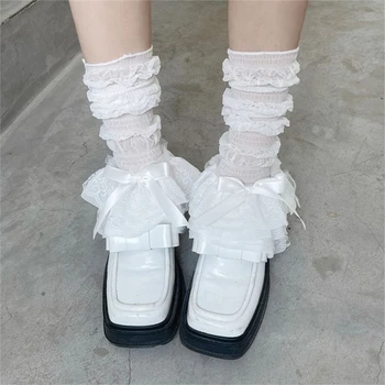 Женские гетры Y2k, белые, черные, носки в готическом стиле с японскими рукавами, кружевные носки до икр, чулки до колена  10