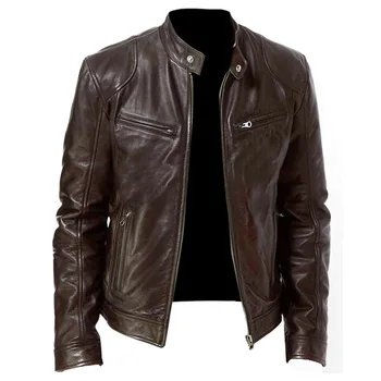 Модная мужская кожаная куртка 2023, мужская мотоциклетная куртка из искусственной кожи, приталенные куртки, осеннее новое ветрозащитное кожаное пальто на молнии, мужская одежда  10