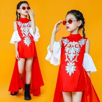 Костюм Детский ТВ онлайн Красный танцевальный костюм в китайском стиле, джазовый танцевальный костюм, костюм для выступления девочек, сценическое платье  5