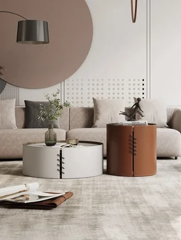 Итальянский минималистичный кожаный журнальный столик современный светлый круглый телевизор роскошного размера, комбинация шкафов и простых апартаментов  4
