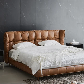 Роскошная современная кожаная кровать, главная спальня, двуспальная кровать размера 