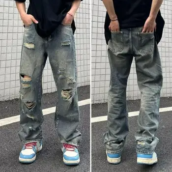 Свободные прямые брюки Уличная одежда, мужские рваные джинсы с широкими штанинами и множеством карманов, потертые детали в стиле хип-хоп, потертые  5