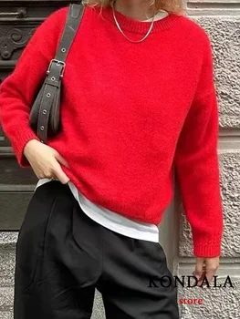 KONDALA Повседневный Шикарный Красный женский свитер, Однотонные пуловеры с круглым вырезом и длинным рукавом, свободные вязаные свитера, Модные осенне-зимние топы 2023 года  4
