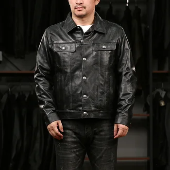 Высококачественная черная модная короткая мотоциклетная куртка из натуральной кожи с пуговицами, одежда из козьей кожи для мужчин  10