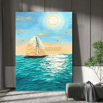 Картина с большой парусной лодкой, Текстура ручной работы, Морской пейзаж, картина маслом, холст, декор стен, художественный плакат с ножом для гостиной  5