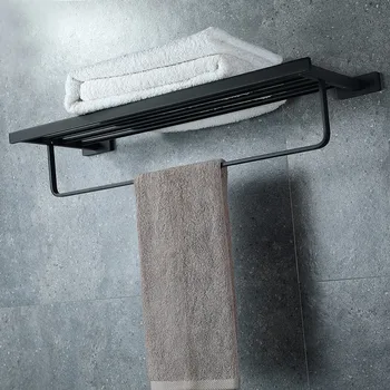 Современный дизайн Ремонта ванной комнаты Черная вешалка для полотенец Набор оборудования для ванны Полка для хранения полотенец Перфорированная установка  5