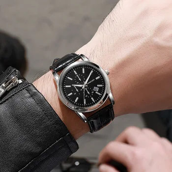 Модные мужские деловые часы, лучший бренд, роскошные мужские кварцевые часы, минималистичный повседневный кожаный ремешок, наручные часы с календарем, мужские часы  10