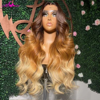 Прозрачный кружевной фронтальный парик 13X4 HD, омбре, коричневый со светлыми кружевными передними париками, Объемная волна, цветные парики из человеческих волос для женщин  10