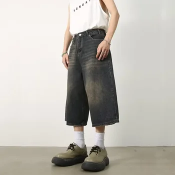 Винтажные мужские джинсы в корейском стиле, Летние Свободные мужские широкие шорты длиной до колен 2023, Новые выстиранные модные джинсовые брюки 9A8825  5