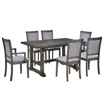 Обеденный стол на козлах из 7 предметов, кухонный стол с мягким боковым стулом и подлокотником, набор из 6 предметов, серый  5
