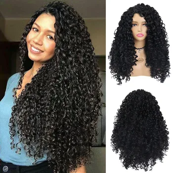 Синтетические черные волосы, длинные парики для женщин, афро-кудрявый парик, женская глубокая кудрявая прическа, Густой пушистый термостойкий косплей  5