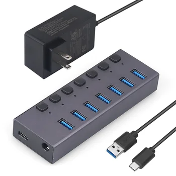 Разветвитель USB3.0 на 7 портов, Мультиинтерфейсный концентратор с переключателем и источником питания-US  4