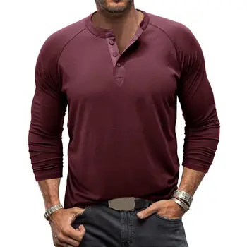 Куртка на пуговицах Стильная мужская футболка Henley, Дышащая куртка с длинным рукавом и застежкой на пуговицы, Универсальный однотонный цвет для  5