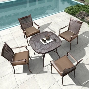 Уличные столы и стулья из литого алюминия, обеденный стол на открытом воздухе, стулья во дворе, стулья для балкона, стулья для отдыха на балконе, садовые железные сиденья  5