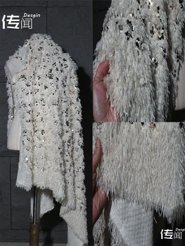 Абрикосовая ткань с бахромой из перьев и пайеток, высококачественное платье-жакет, модная креативная одежда Cheongsam, дизайнерские ткани  5