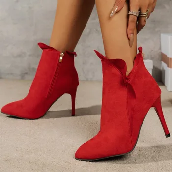 2023 Осенне-зимние модные женские ботильоны с острым носком, Пикантные красные женские ботинки с боковой молнией, на тонком каблуке, женская обувь для вечеринок  1