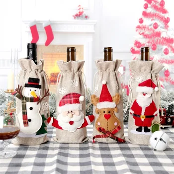 Рождественская крышка для бутылки вина, Хлопчатобумажные льняные пакеты для красного вина, украшение банкетного стола для веселой Рождественской вечеринки, Декор стола Новый  5