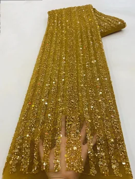 Уникальные кружевные ткани с блестками, Высококачественная Кружевная ткань с вышивкой бисером Для пошива вечерних платьев  5