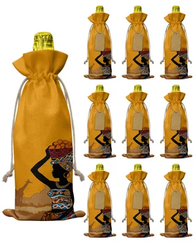 10шт Чехлов для винных бутылок с завязками в виде Африканской чернокожей женщины с жирафом, Многоразовая упаковка для бутылок, Подарочная упаковка, декор для вечеринок, сумки для вина  5