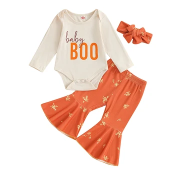 Комплект одежды на Хэллоуин для маленьких девочек, боди с забавными буквами в виде тыквы, ползунки, брюки-клеш в рубчик, модный осенний наряд из 3 шт.  10