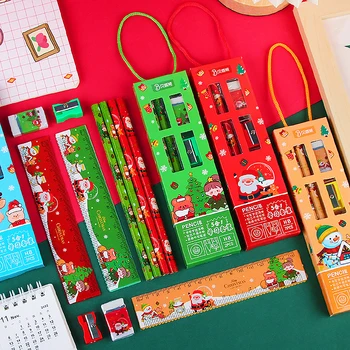 5 шт./компл. Рождественский набор ручек, милые карандаши, точилка, ластик для детского рождественского подарка, школьные принадлежности, рождественские канцелярские принадлежности  4