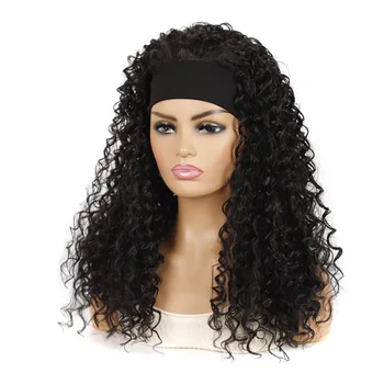 Синтетический парик, длинные черные женские воздухопроницаемые парики с завитками и широкой вязаной повязкой с принтом, шиньоны  5