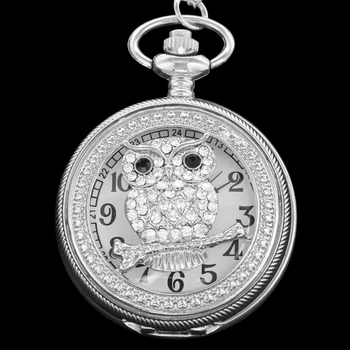 Кварцевые карманные часы в форме совы из серебряного горного хрусталя, винтажная цепочка, мужское и женское ожерелье, Кулон, Ювелирные изделия, Часы, подарок  5