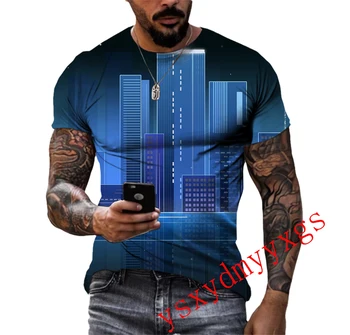 Летняя мужская футболка с рисунком городского силуэта в стиле хип-хоп, 3D принт, забавные футболки с круглым вырезом, топы с коротким рукавом  5
